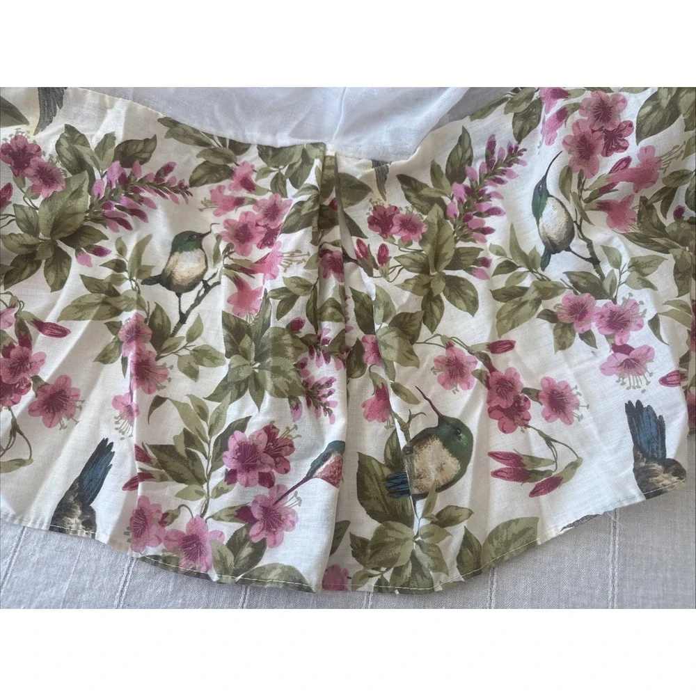Vintage Bed Skirt King Hummingbirds Floral Tropical Fuchsia Flaws- Altered Tear
